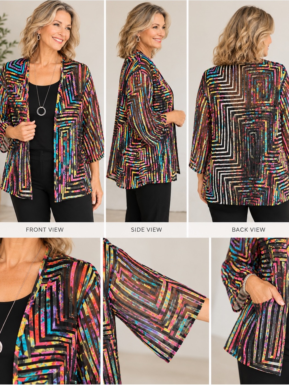 Colorful Abstract Geometric Sheer Kimono Jacket Large 12 Chico’s
